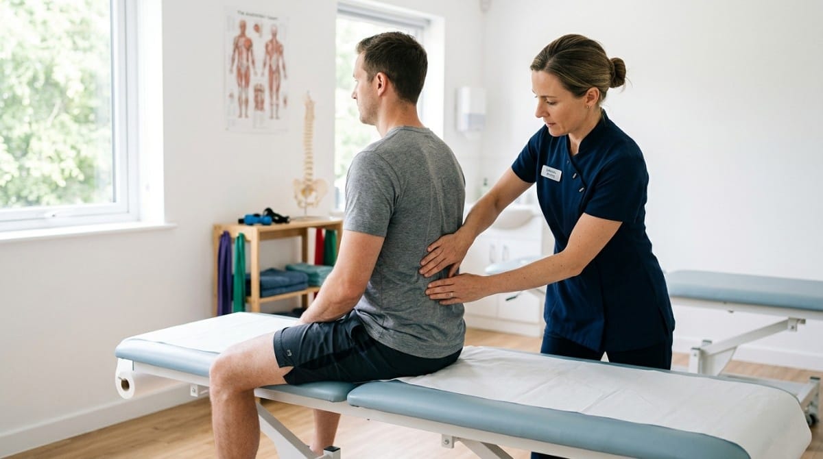 Physiotherapist assisting a male patient with posture correction exercises on a treatment table in a clinical setting.