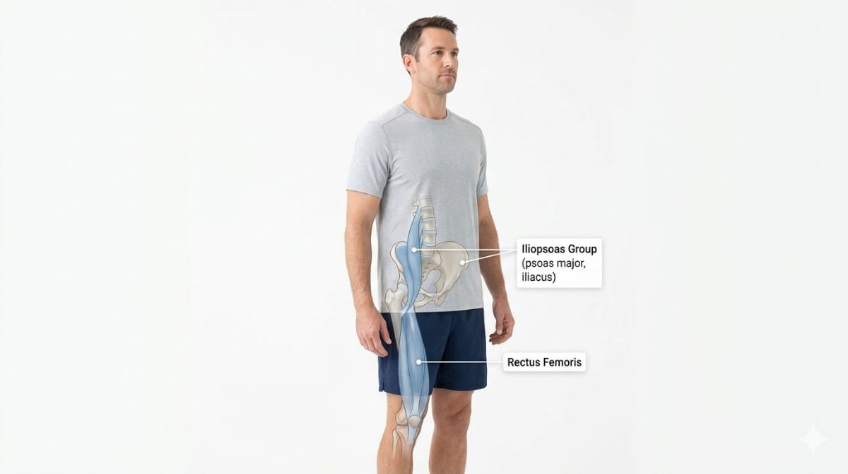Illustration of hip flexor muscles showing iliopsoas group and rectus femoris in human body.