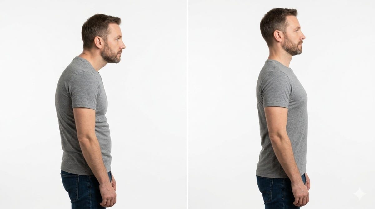 Side view comparison of a man before and after posture correction showing reduced forward head posture and improved alignment.