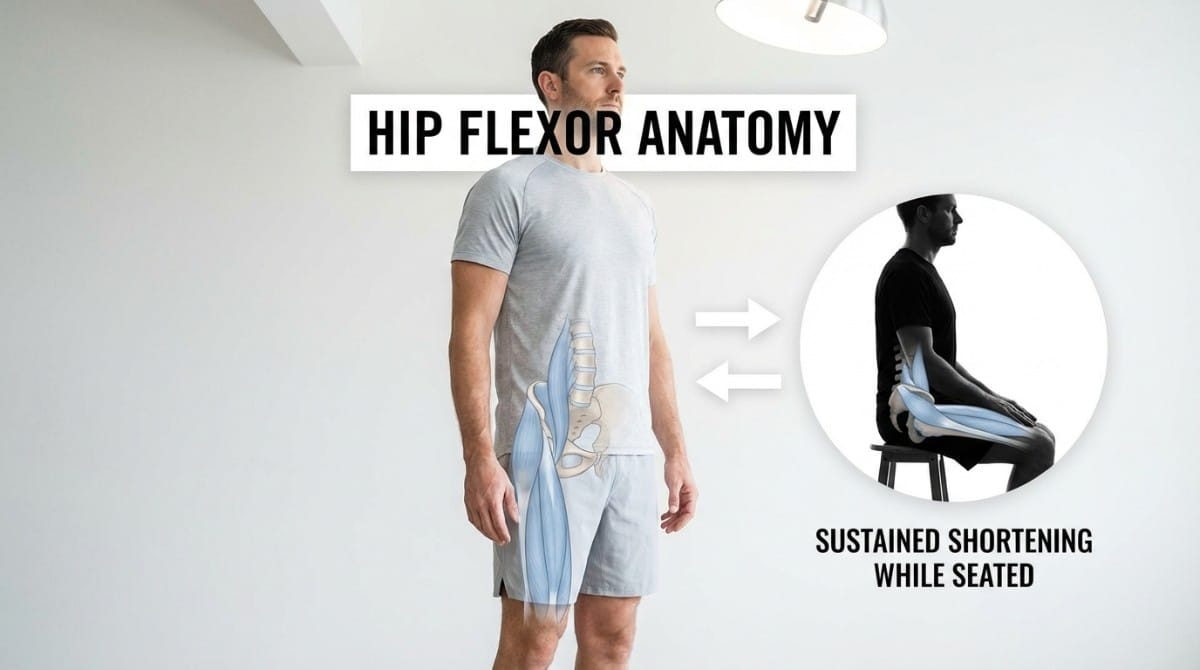 Diagram of hip flexor muscles with illustration of shortening effect during prolonged sitting posture.