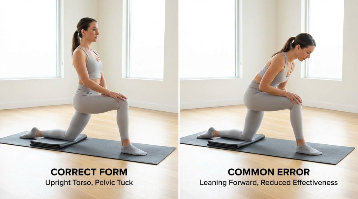 Side-by-side comparison of proper and improper hip flexor stretch form showing upright torso versus leaning forward mistake.