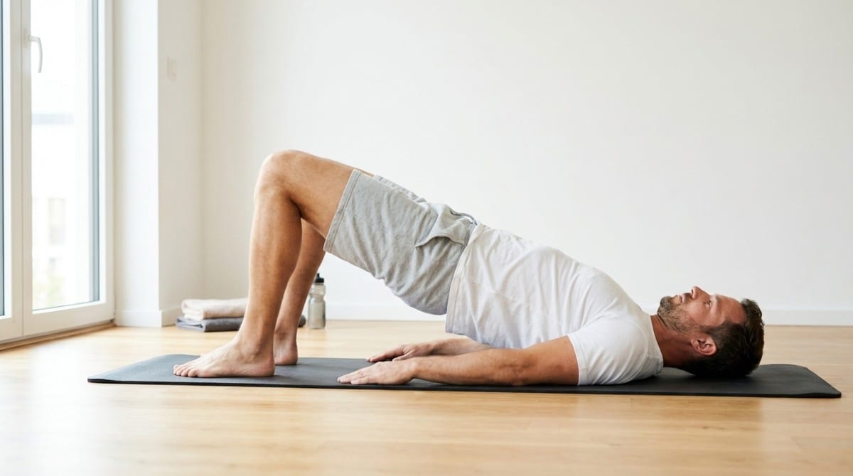 Man doing a glute bridge exercise on a mat to activate glutes and support hip stability.