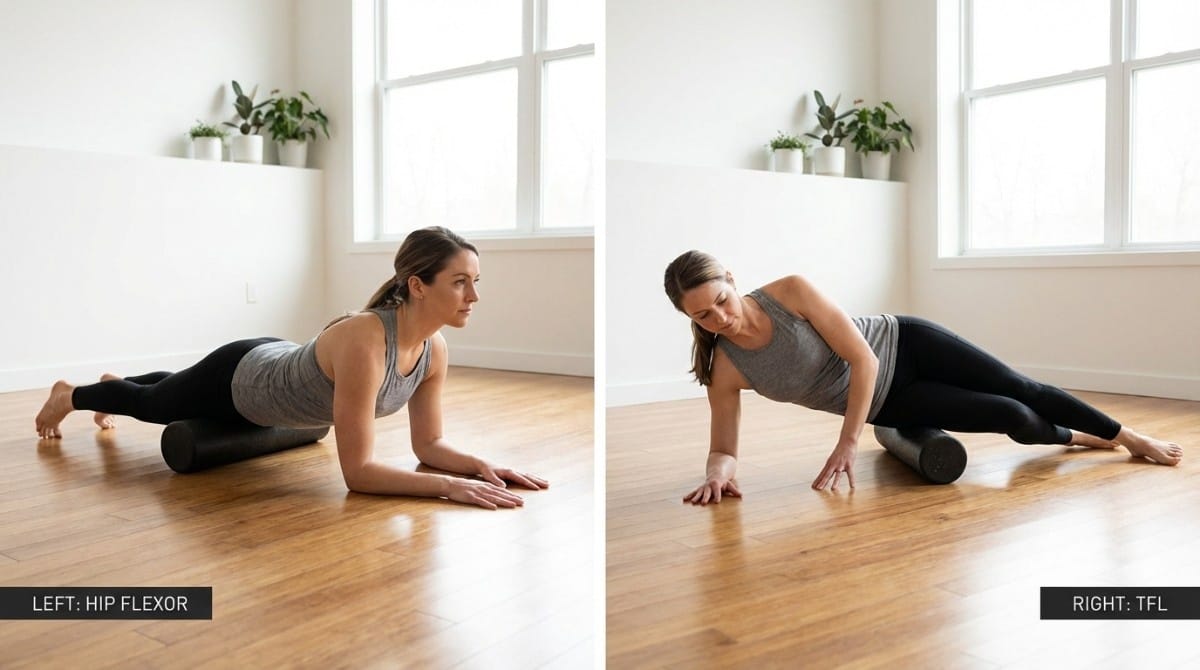 Woman performing foam rolling on hip flexor and tensor fasciae latae (TFL) muscles on a mat to reduce tight hips.