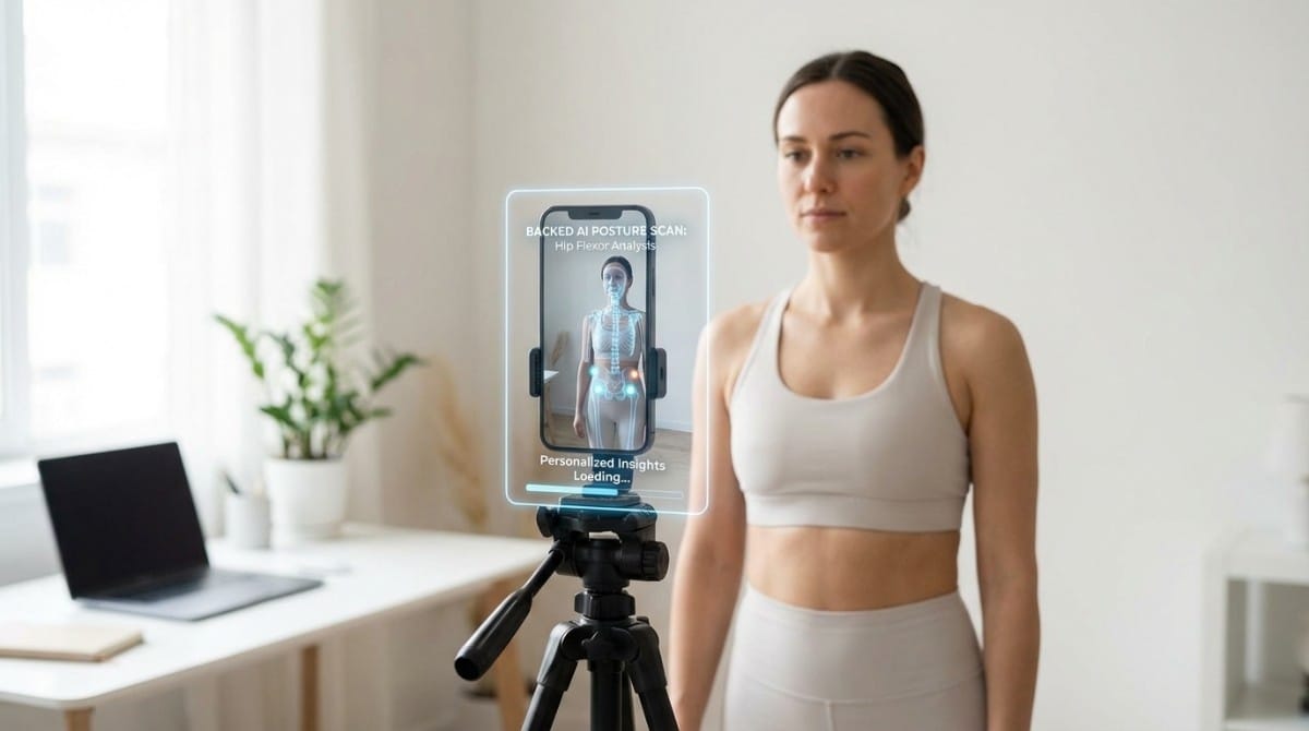Woman standing in front of a smartphone posture scan showing hip flexor analysis and body alignment tracking.