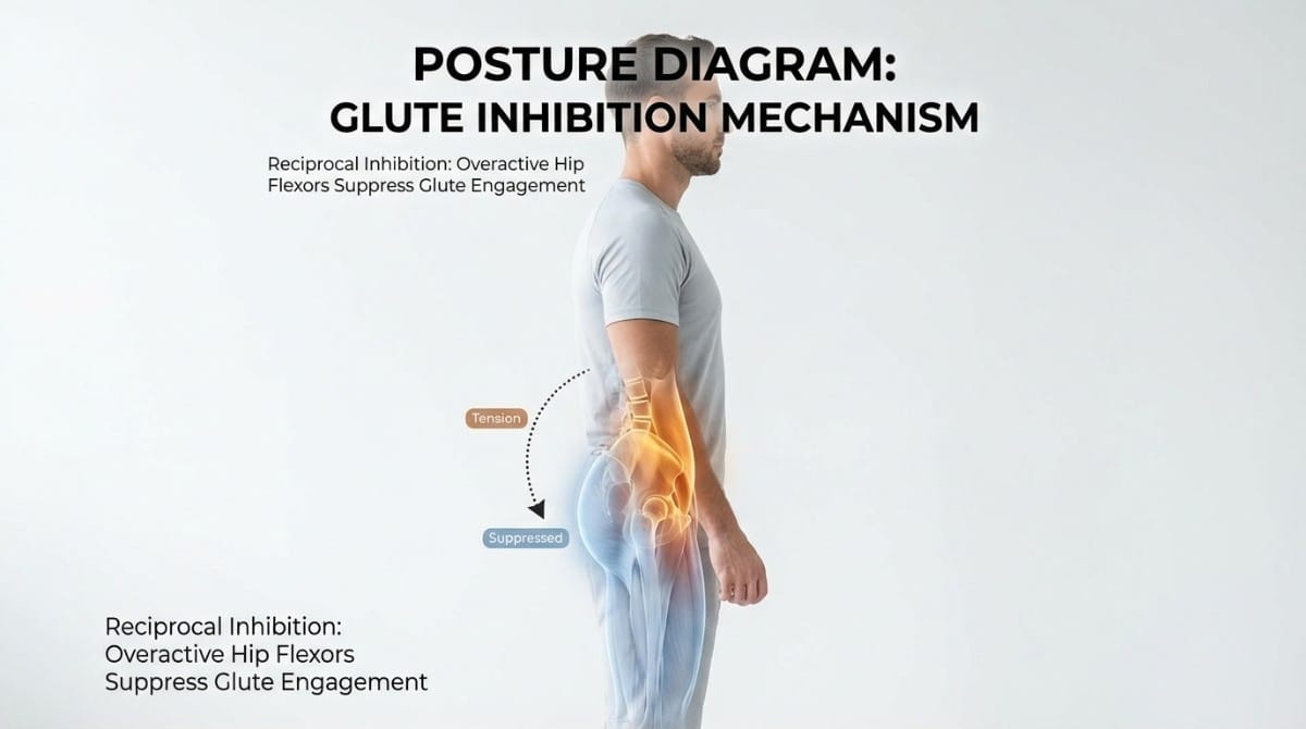 Posture diagram illustrating glute inhibition mechanism where tight hip flexors reduce glute engagement.