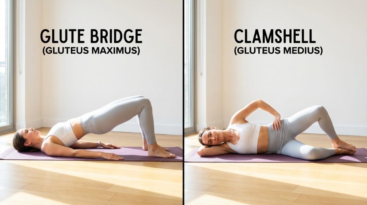 Woman demonstrating glute bridge and clamshell exercises to activate gluteus maximus and gluteus medius muscles.