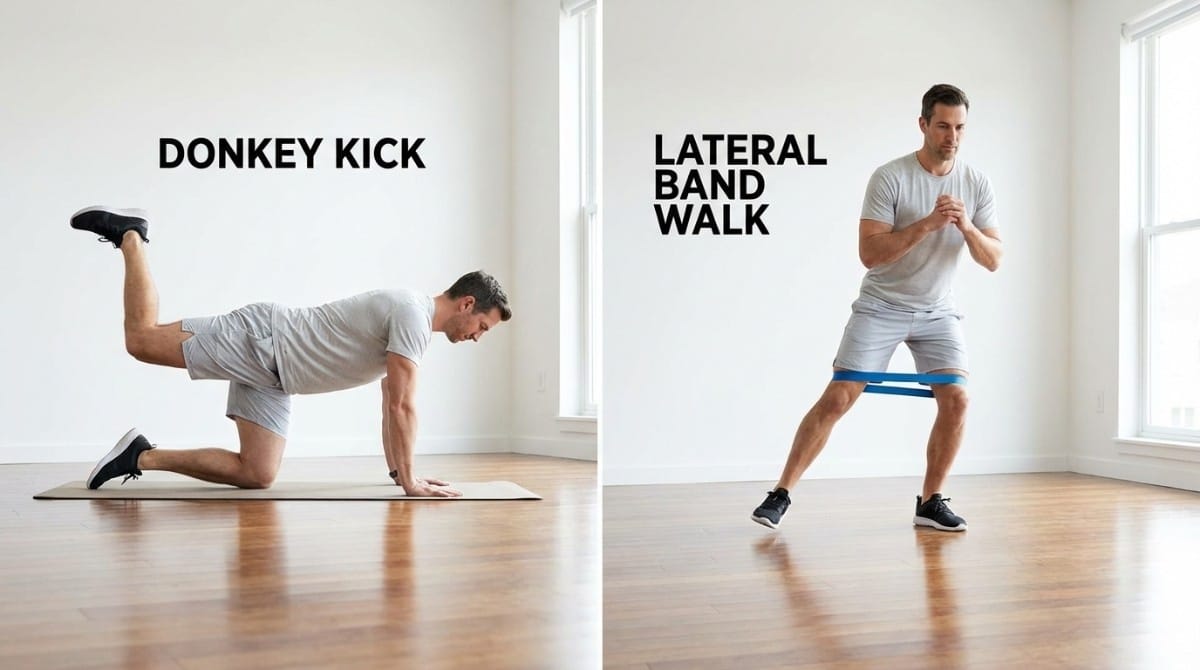 Man demonstrating donkey kick and lateral band walk exercises to strengthen glutes and improve hip stability.