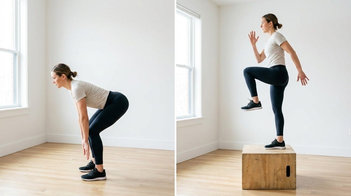 Woman performing squat and step-up exercises on wooden box to improve lower body strength and posture.