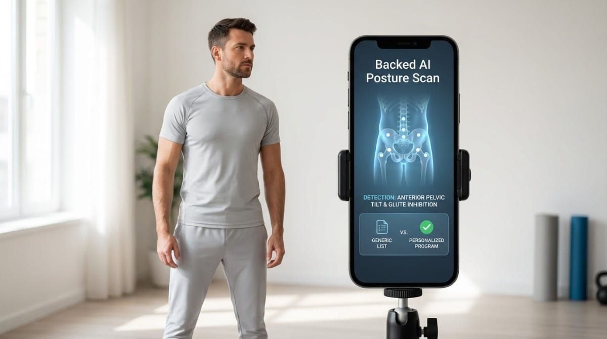 Man standing in front of smartphone displaying AI posture scan identifying anterior pelvic tilt and glute inhibition.