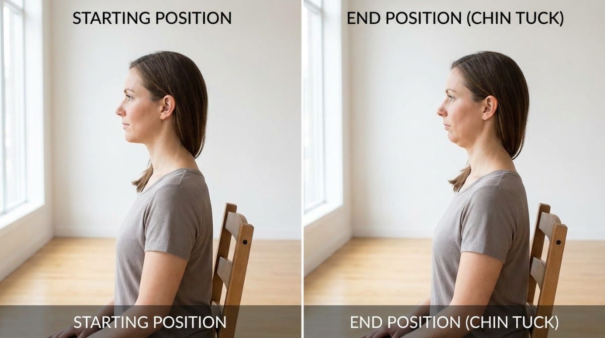 Side view comparison of a woman performing a chin tuck exercise showing starting position versus end position with improved neck alignment.`