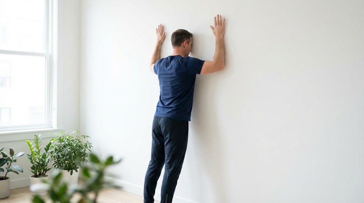 Man performing wall posture stretch with arms raised against a wall to improve shoulder mobility and posture.