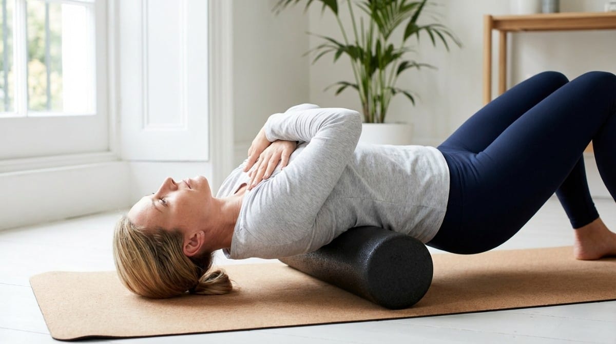 Woman lying on a foam roller performing thoracic extension exercise to relieve upper back tension and improve posture.`