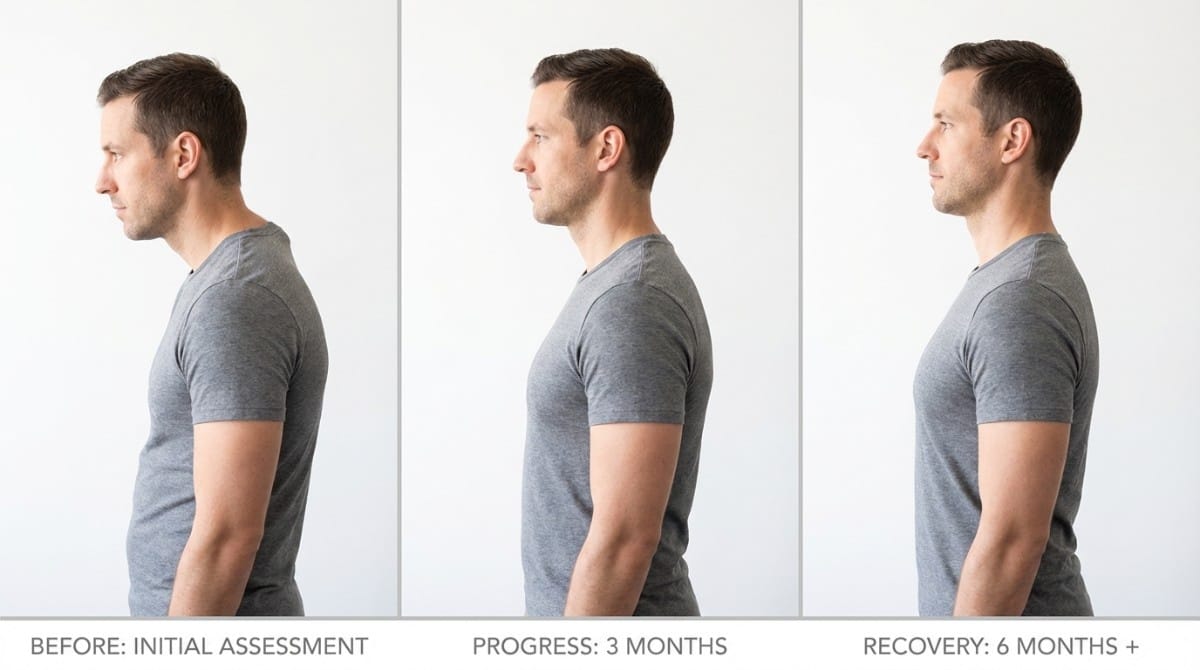 Side profile images of a man showing posture improvement from slouched position to upright alignment over several months.
