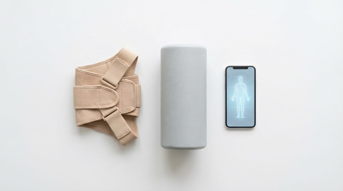 Flat lay of posture corrector brace, smart speaker, and smartphone displaying body alignment interface.