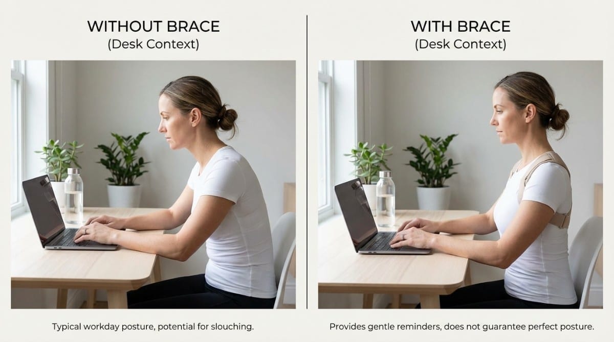 Side-by-side comparison of woman working at desk with poor posture and improved posture using back brace support.