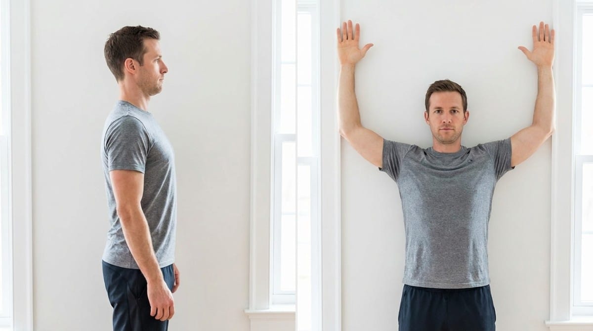 Man demonstrating wall posture test with side and front view, arms raised to assess shoulder and spine alignment.