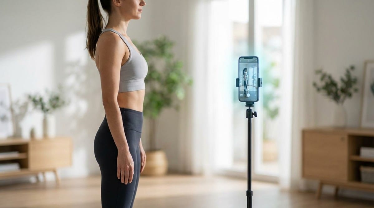 Woman standing in profile while smartphone on tripod records posture for alignment and fitness tracking.