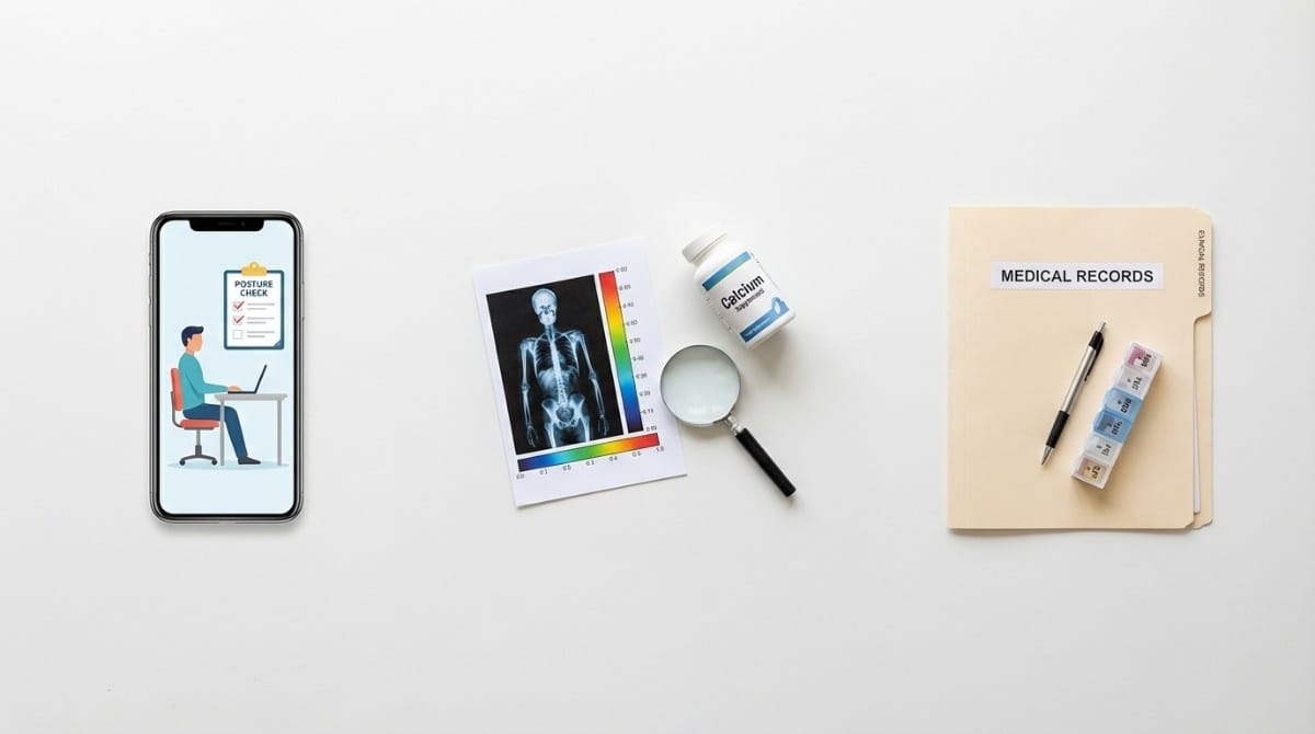 Flat lay of smartphone posture check app spine X ray calcium supplement bottle magnifying glass and medical records folder.