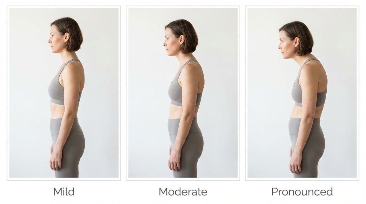 Three side profile images comparing mild moderate and pronounced forward head posture and upper back hump progression.