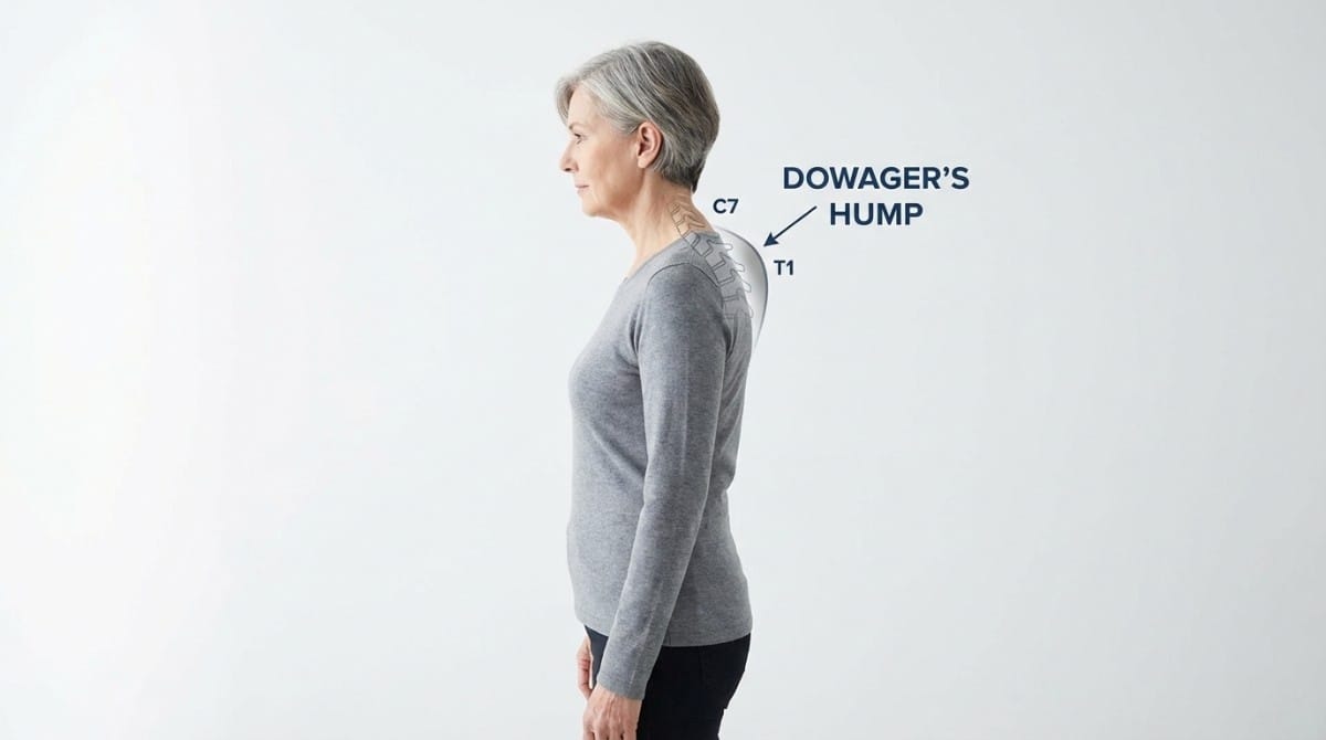 Side view of an older woman with labeled C7 and T1 vertebrae showing the location of dowager’s hump on the upper spine.