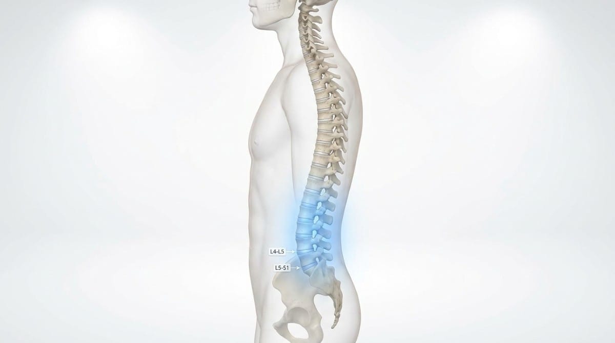 Side view of human spine highlighting lower lumbar region pain at L4-L5 and L5-S1 discs.