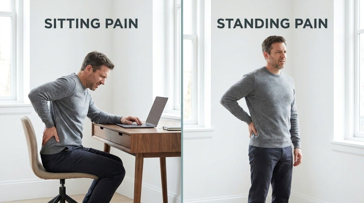 Man experiencing lower back pain while sitting at desk and standing, showing posture-related discomfort.