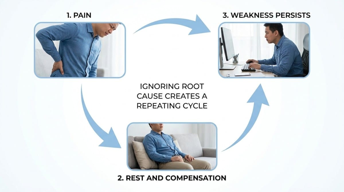 Diagram showing cycle of back pain, rest and compensation, and recurring weakness due to untreated causes.