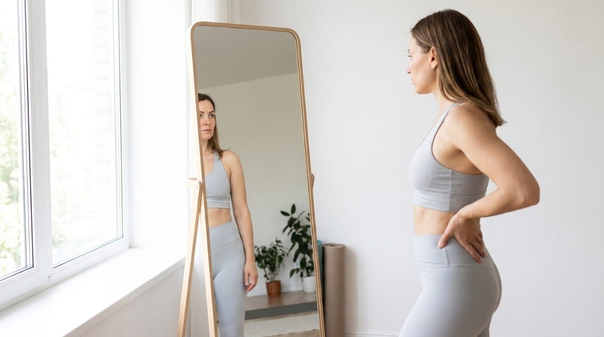 Woman standing in front of mirror examining posture with hand on lower back indicating discomfort.
