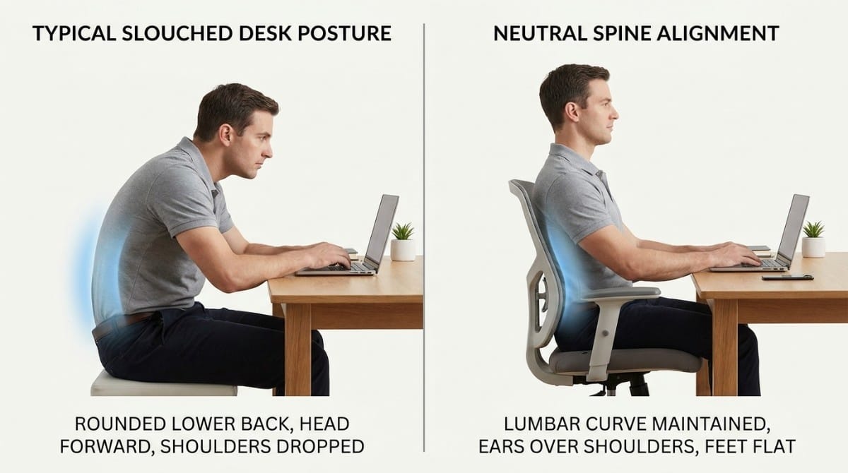 Side-by-side comparison of poor sitting posture with rounded back and correct posture with neutral spine alignment at desk