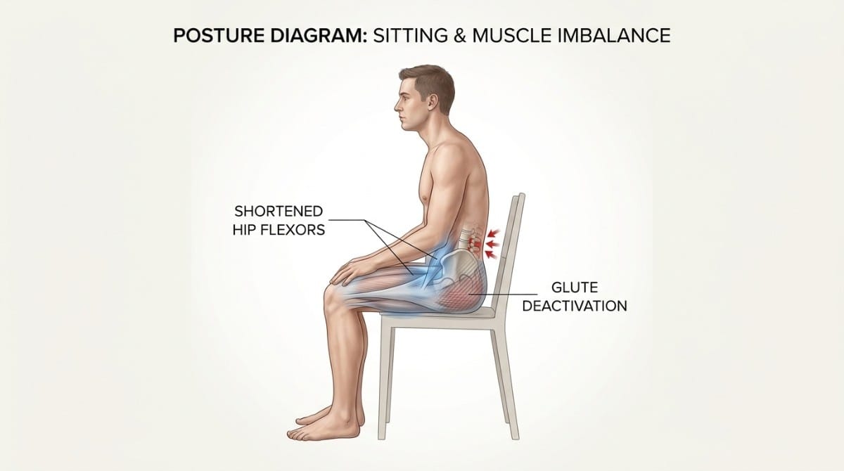 Illustration of seated posture highlighting muscle imbalance including tight hip flexors and inactive glutes