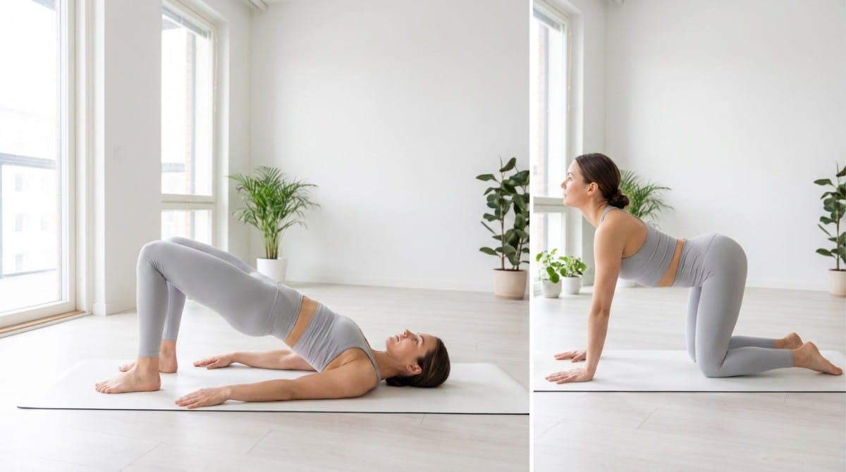 Woman performing glute bridge and cat cow exercises on yoga mat to improve posture and strengthen core muscles