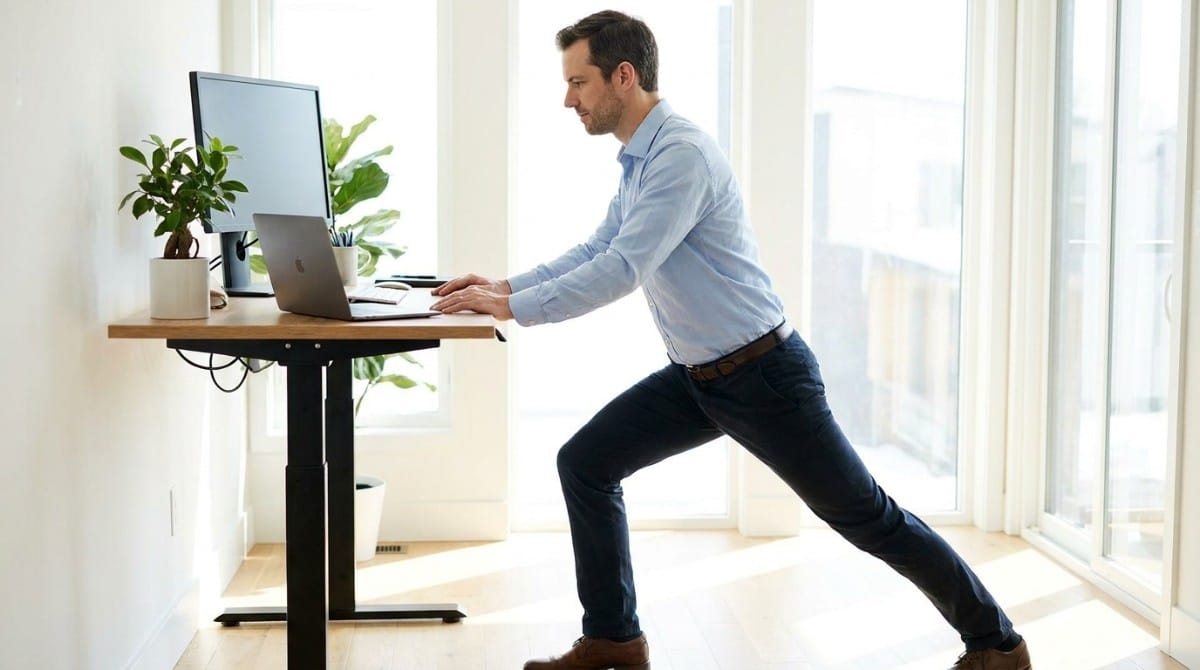 Man using a standing desk performing a forward lunge stretch to reduce back pain and improve mobility