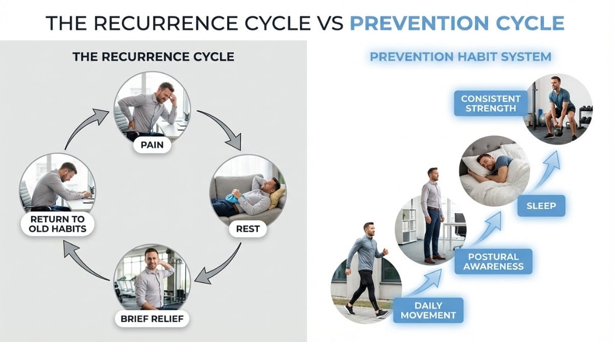 Diagram showing cycle of recurring back pain versus prevention system including daily movement, posture awareness, sleep, and strength training.