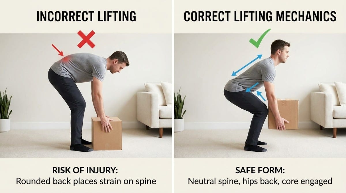 Side-by-side comparison of improper and proper lifting posture demonstrating neutral spine, hip hinge, and safe lifting mechanics.