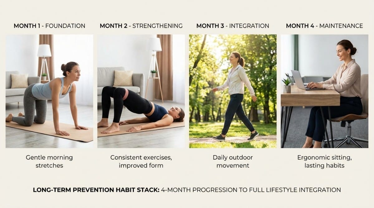 Infographic showing month-by-month back pain prevention routine including stretching, strengthening exercises, walking, and ergonomic sitting habits.