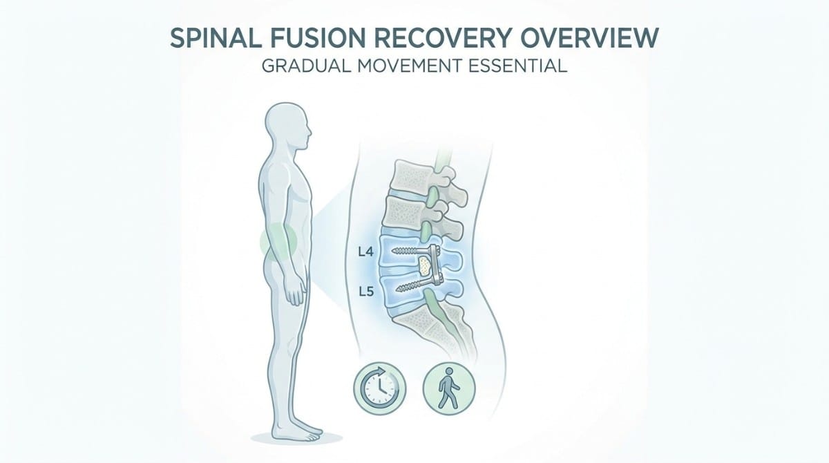 Illustration of spinal fusion recovery highlighting lumbar vertebrae L4 and L5 with a focus on gradual movement and rehabilitation process.