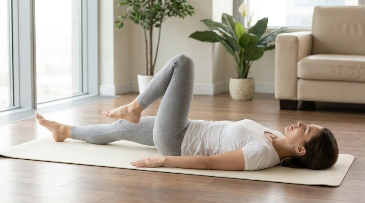 Woman lying on a yoga mat performing a pelvic tilt exercise with bent knees to improve core stability and reduce lower back pain.