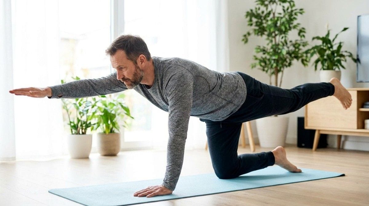 Man performing bird dog exercise on a yoga mat, extending opposite arm and leg to improve balance and strengthen core muscles.