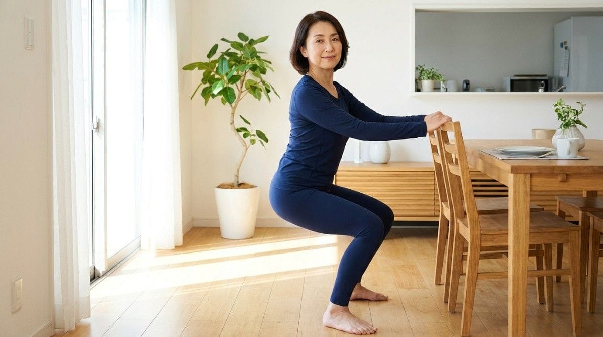 Woman performing a squat using a chair for support, demonstrating proper posture to strengthen legs and protect the lower back.