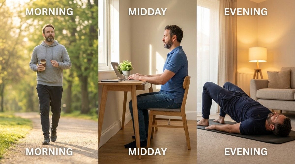 Man demonstrating a healthy daily routine with morning walking outdoors, sitting with proper posture while working midday, and performing evening stretching exercises for back pain relief.