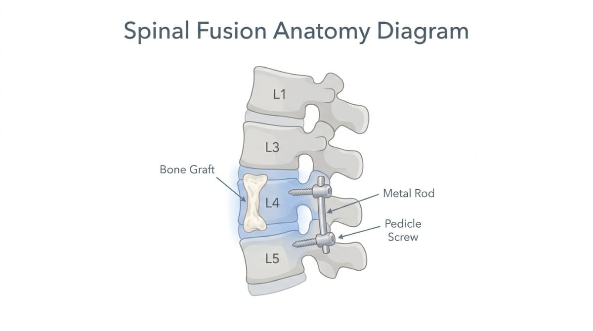 Medical diagram of spinal fusion showing lumbar vertebrae with bone graft, metal rod, and pedicle screws used to stabilize the spine.