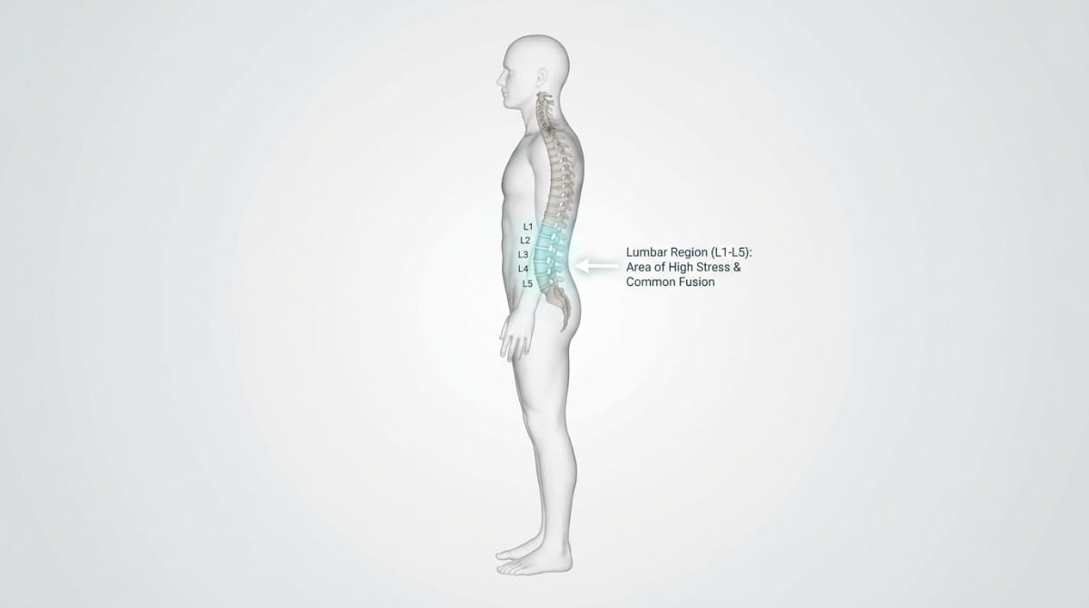 Side view of a human body with highlighted lumbar spine (L1–L5), indicating high-stress area and common region for spinal fusion procedures.