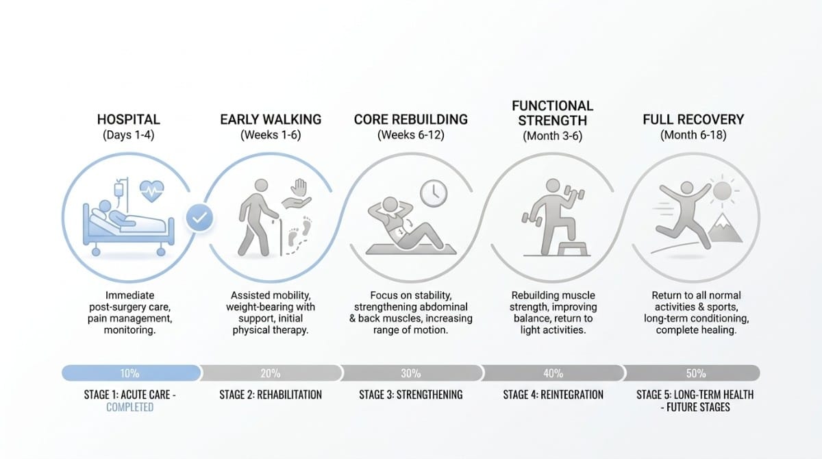 Spinal fusion recovery timeline: stages from hospital care to full mobility and long-term strength.