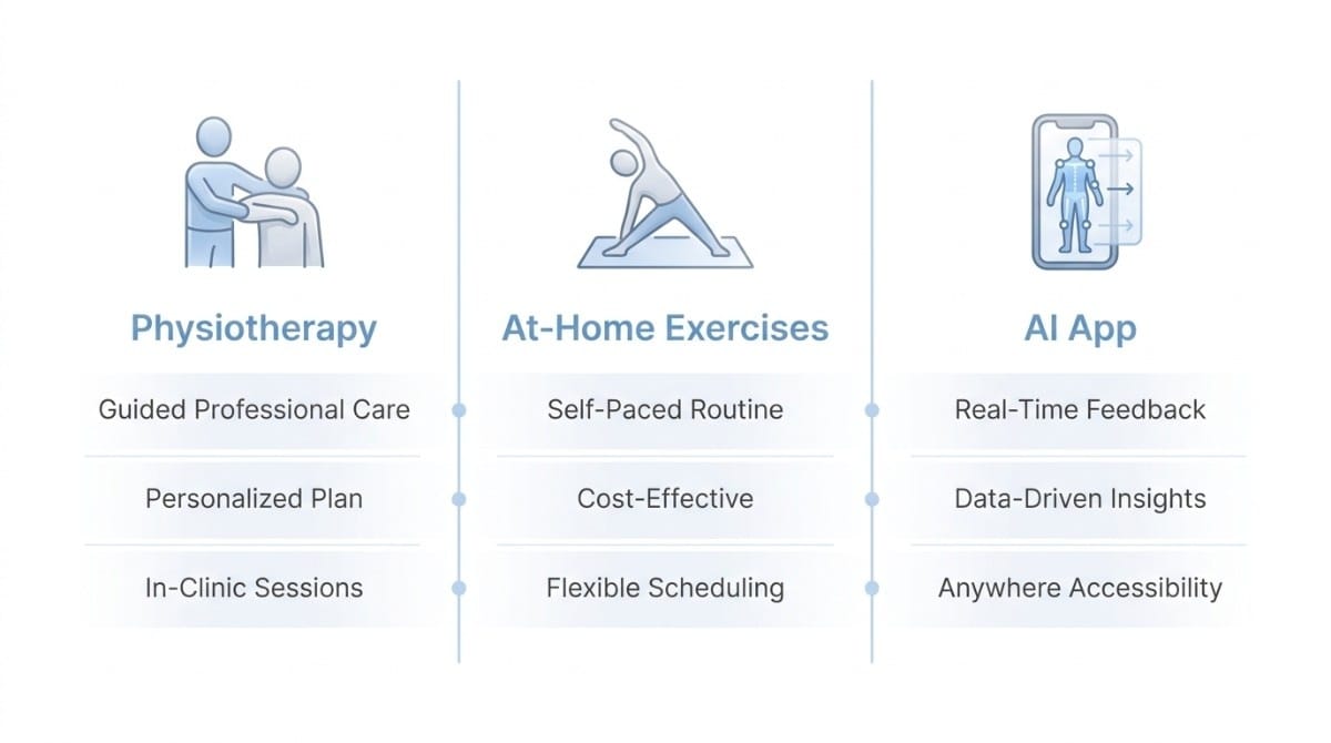 Infographic comparing physiotherapy, home exercise routines, and AI rehabilitation apps with key benefits listed under each.