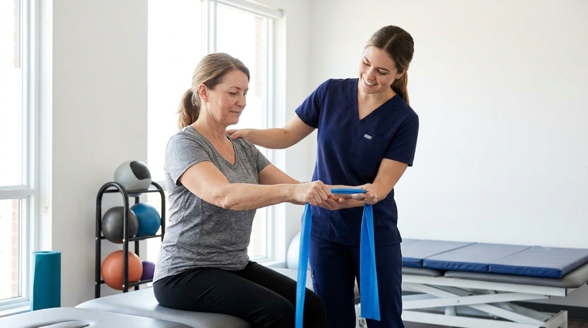 Physiotherapist assisting a middle-aged woman with resistance band exercises in a clinical rehabilitation setting.