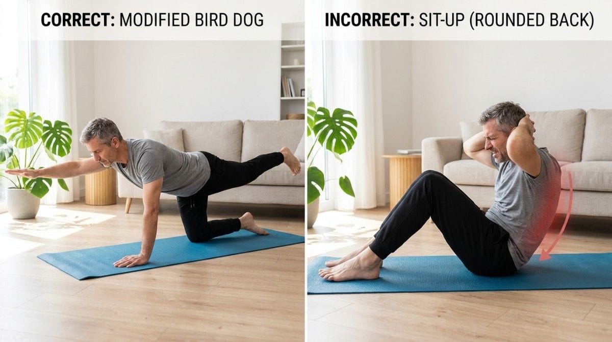 Comparison of proper modified bird dog exercise and incorrect sit-up with rounded back highlighting potential spinal strain.