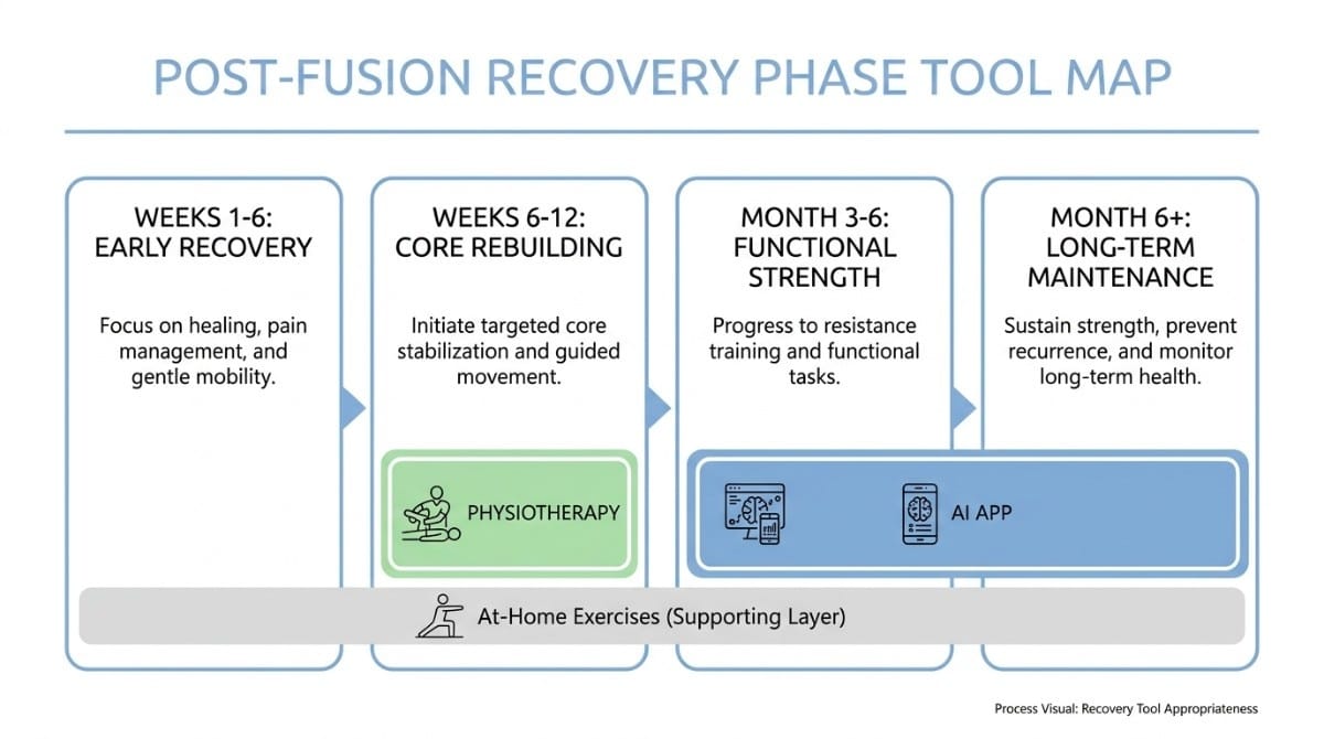 Recovery roadmap illustrating weeks 1–6 early recovery, weeks 6–12 core rebuilding, months 3–6 strength training, and long-term maintenance stages.