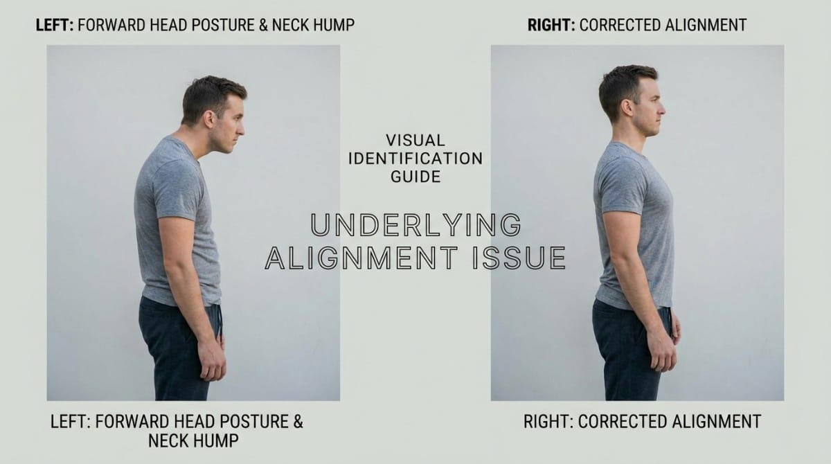 Man showing before and after posture correction with forward head position versus proper upright alignment and neutral spine.