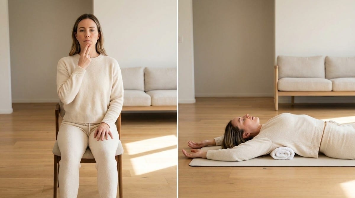 Woman demonstrating posture exercises including chin tuck and lying stretch on a mat in a minimalist living room.