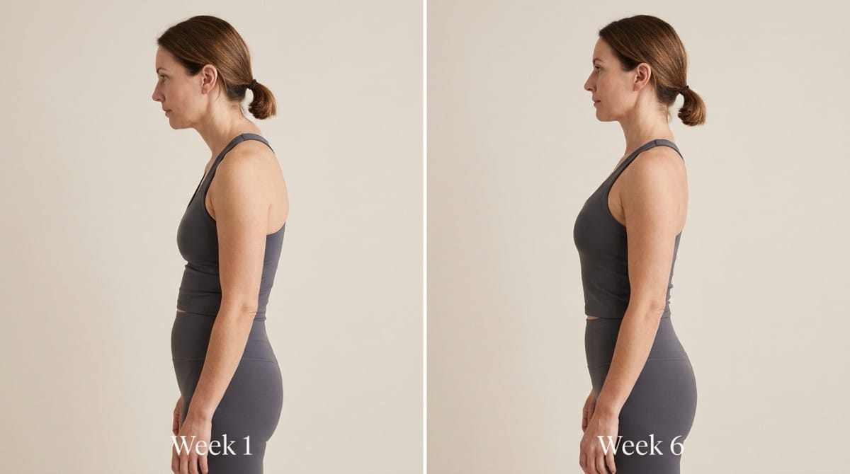 Side-by-side comparison of woman posture improvement from slouched position to upright alignment over six weeks.